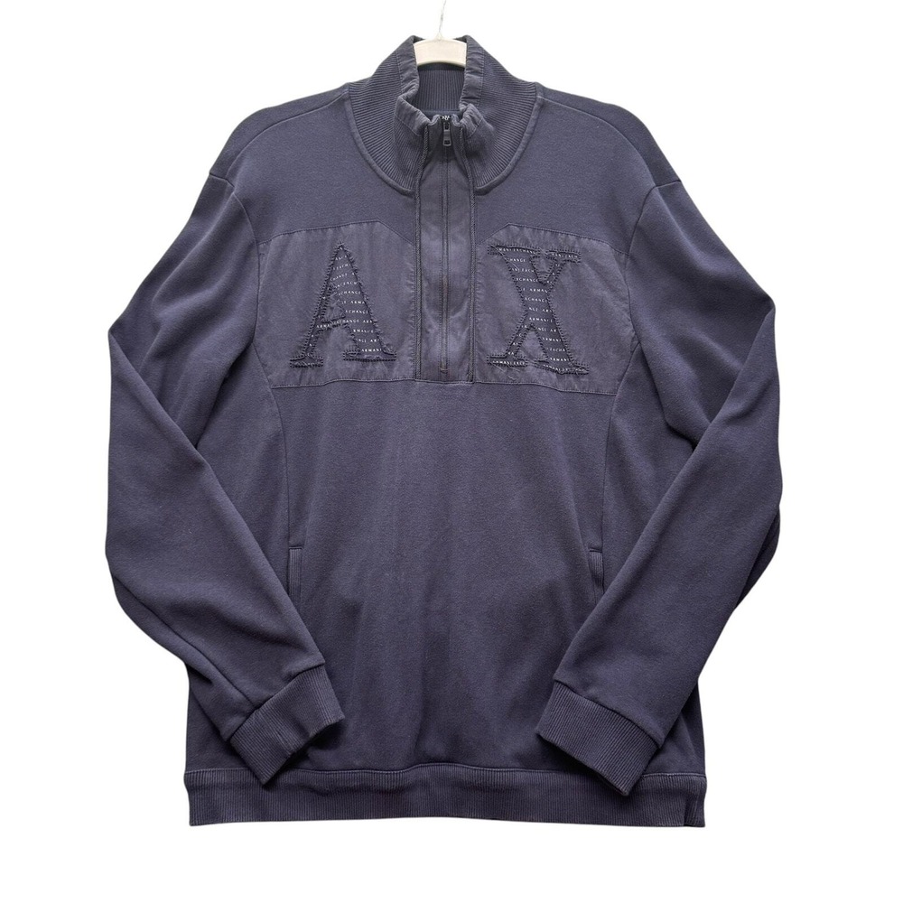 Y2K Armani Exchange Men L Navy Logo Mock Sweater Preppy Grunge Pullover Minimal